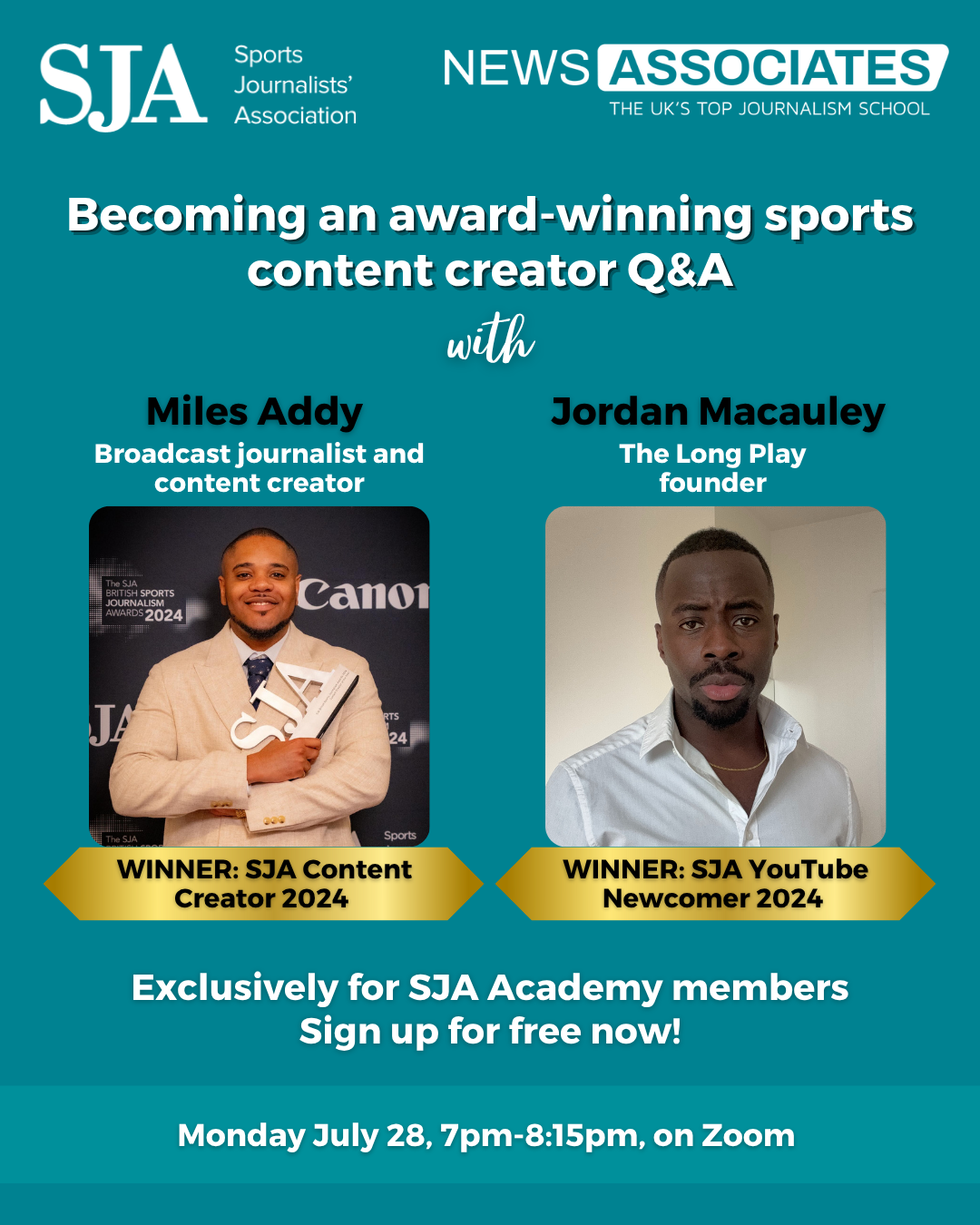 A greeny blue graphic with the text: Becoming an award-winning sports content creator Q&A. There are two images of Miles Addy and Jordan Macauley.