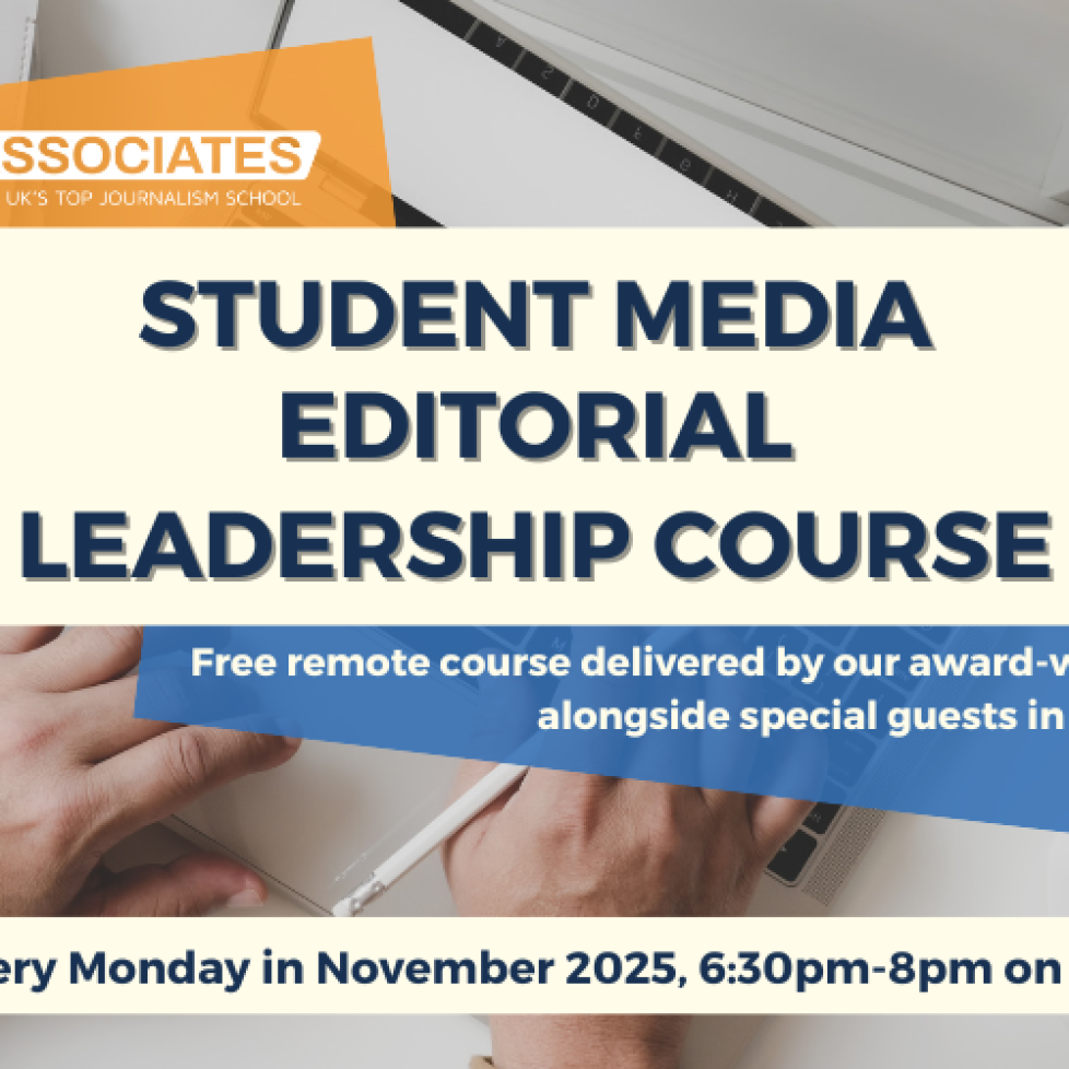 A photo of someone on a laptop with 'Editorial leadership course' written over it.