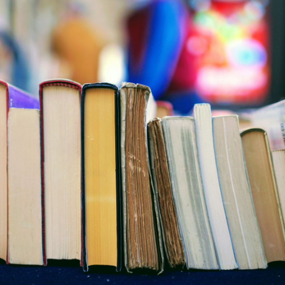 A photo of books lined up, used to illustrate our story about books about journalism.