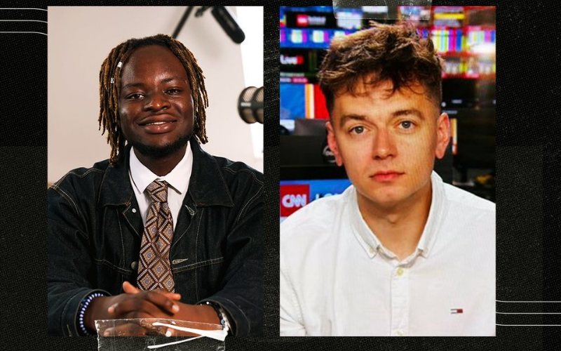 A graphic of 'How to be a journalist podcast' host Plamedi Mbungu and CNN enterprise writer Rob Picheta.
