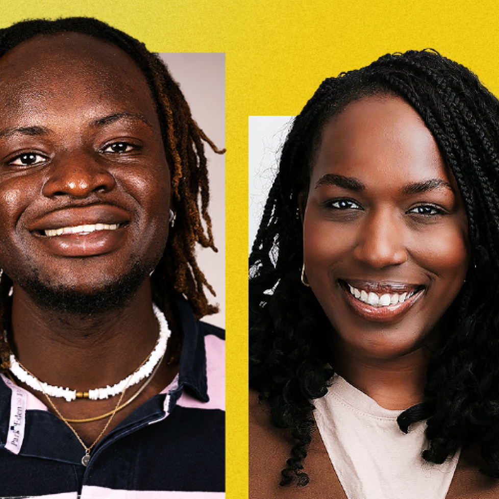 A graphic of How to be a Journalist podcast host Plamedi Mbungu and guest Hannah Àjàlá with a yellow background.
