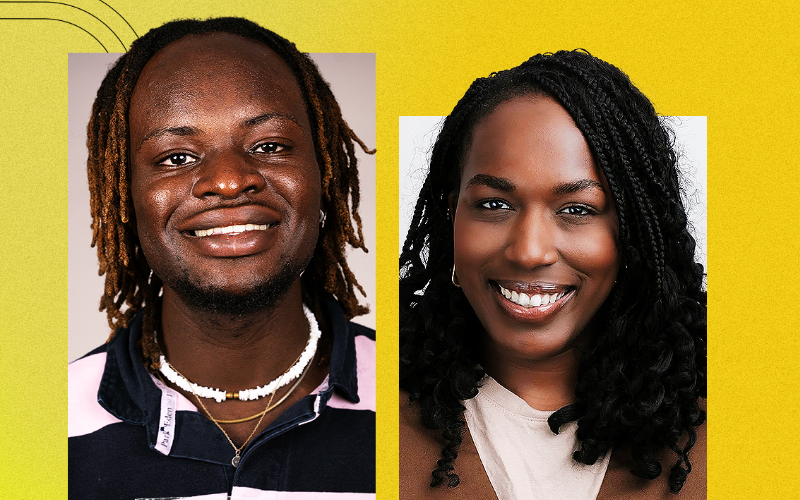 A graphic of How to be a Journalist podcast host Plamedi Mbungu and guest Hannah Àjàlá with a yellow background.