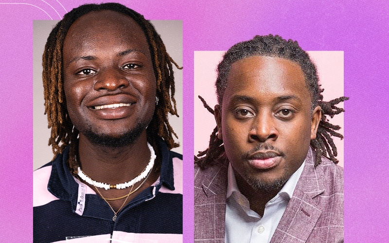 A graphic with a pink background of How to be a Journalist host Plamedi Mbungu and guest Jordan Jarrett-Bryan