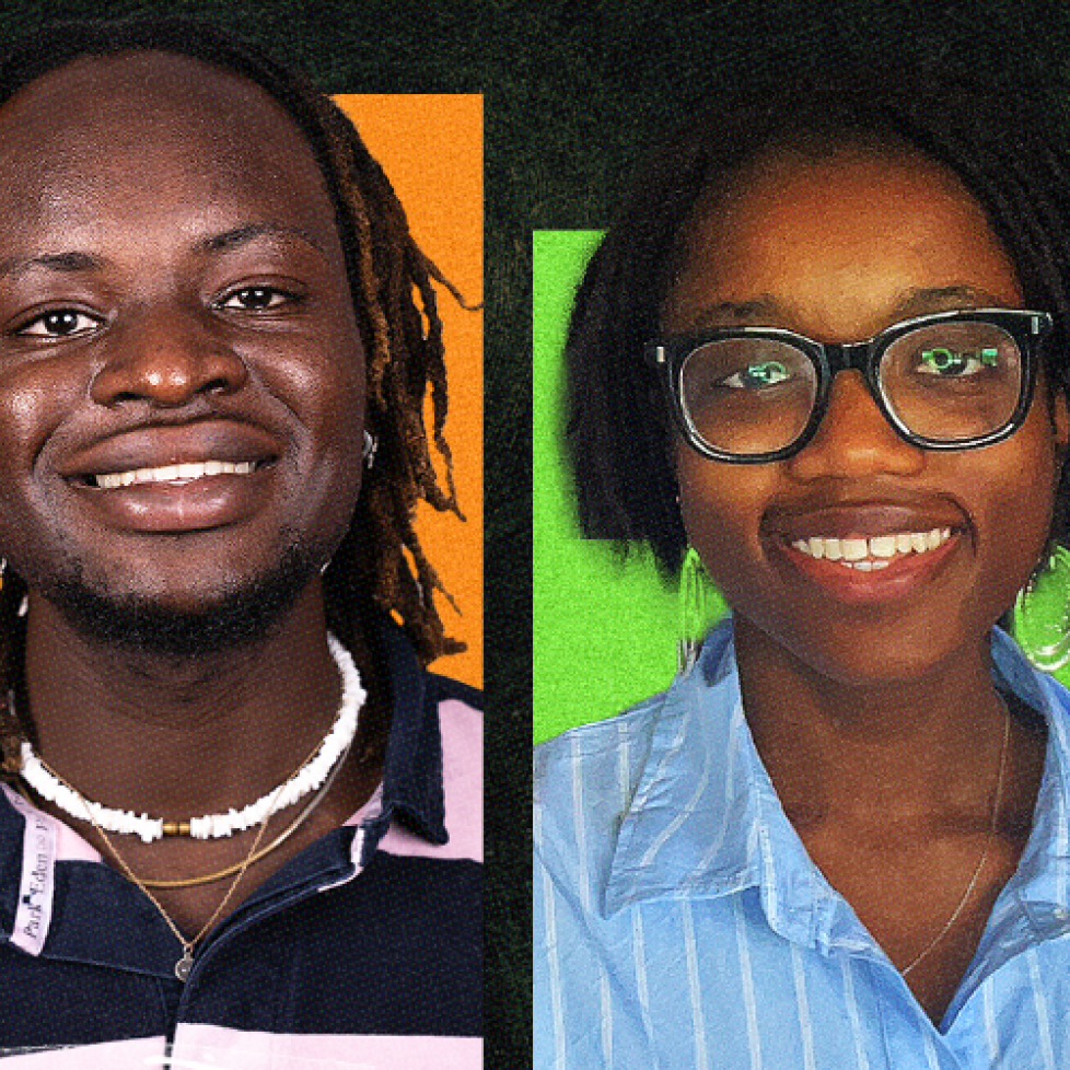 A graphic with a black background with How to be a Journalist host Plamedi on the left and podcast guest Fadeke Banjo on the right.