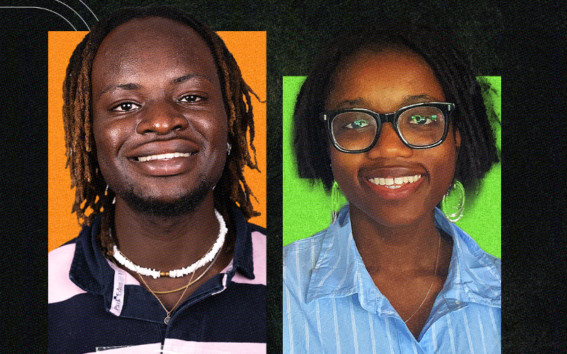 A graphic with a black background with How to be a Journalist host Plamedi on the left and podcast guest Fadeke Banjo on the right.