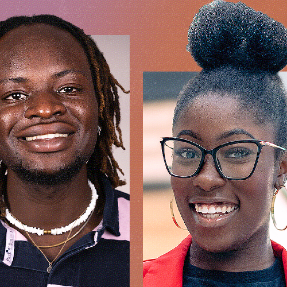 A pink and orange graphic with a photo of How to be a Journalist podcast host Plamedi Mbungu and guest Grace McIntosh