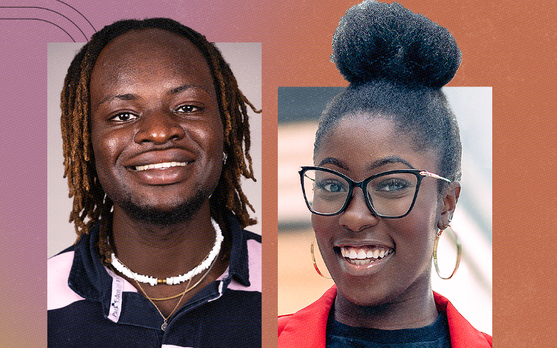 A pink and orange graphic with a photo of How to be a Journalist podcast host Plamedi Mbungu and guest Grace McIntosh