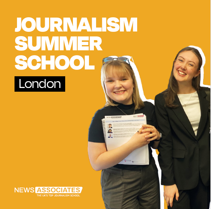 The front page of our journalism summer school brochure. It's yellow with large white text reading JOURNALISM SUMMER SCHOOL LONDON. There is a cut out image of two smartly dressed trainees smiling.