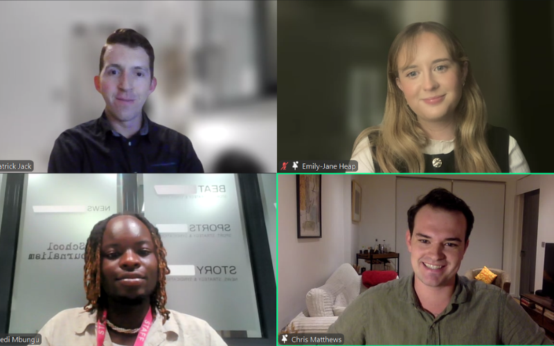 A screenshot from our Zoom data and investigative journalism panel with Chris Matthews, Emily-Jane Heap, Patrick Jack and host Plamedi Mbungu.