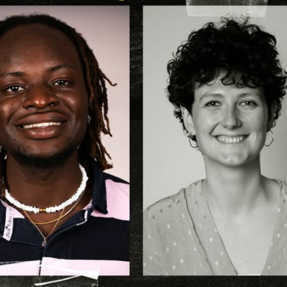 A graphic of How to be a journalist podcast host Plamedi and senior podcast producer Anna Staufenberg