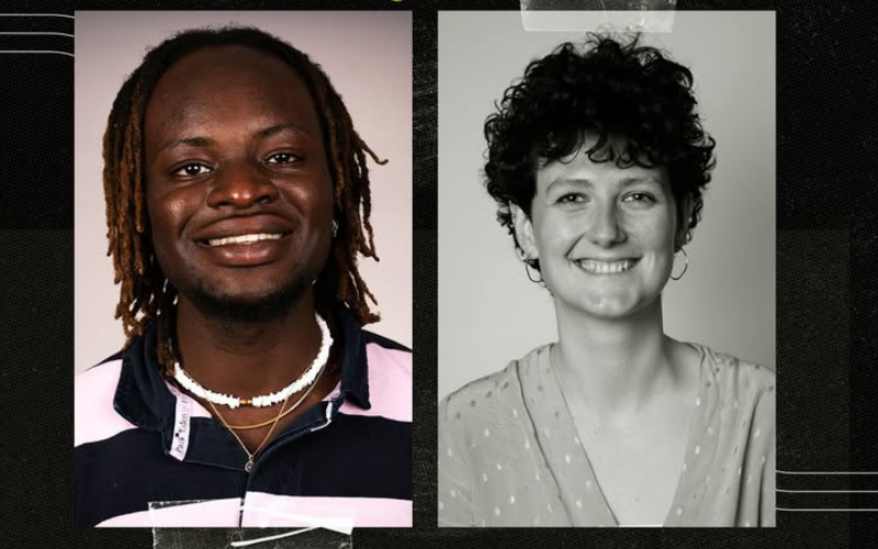 A graphic of How to be a journalist podcast host Plamedi and senior podcast producer Anna Staufenberg