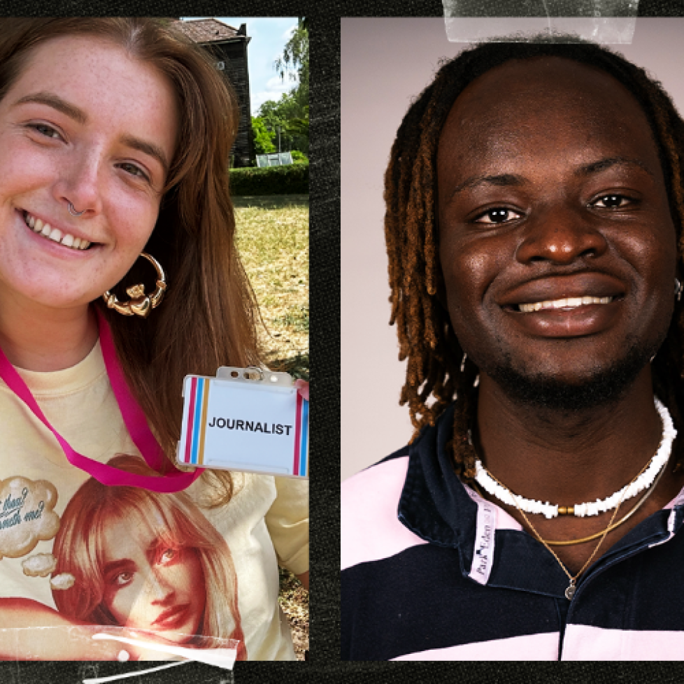 A graphic of two headshots with Grace on the left and How to be a Journalist Plamedi on theright.