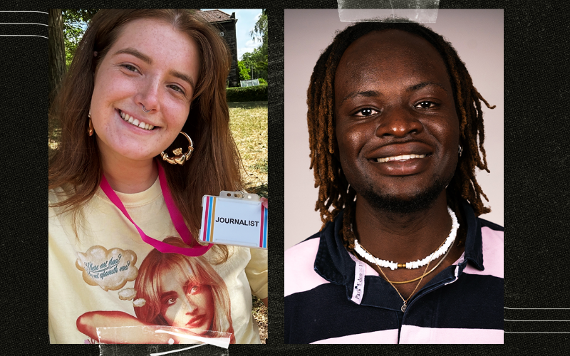 A graphic of two headshots with Grace on the left and How to be a Journalist Plamedi on theright.