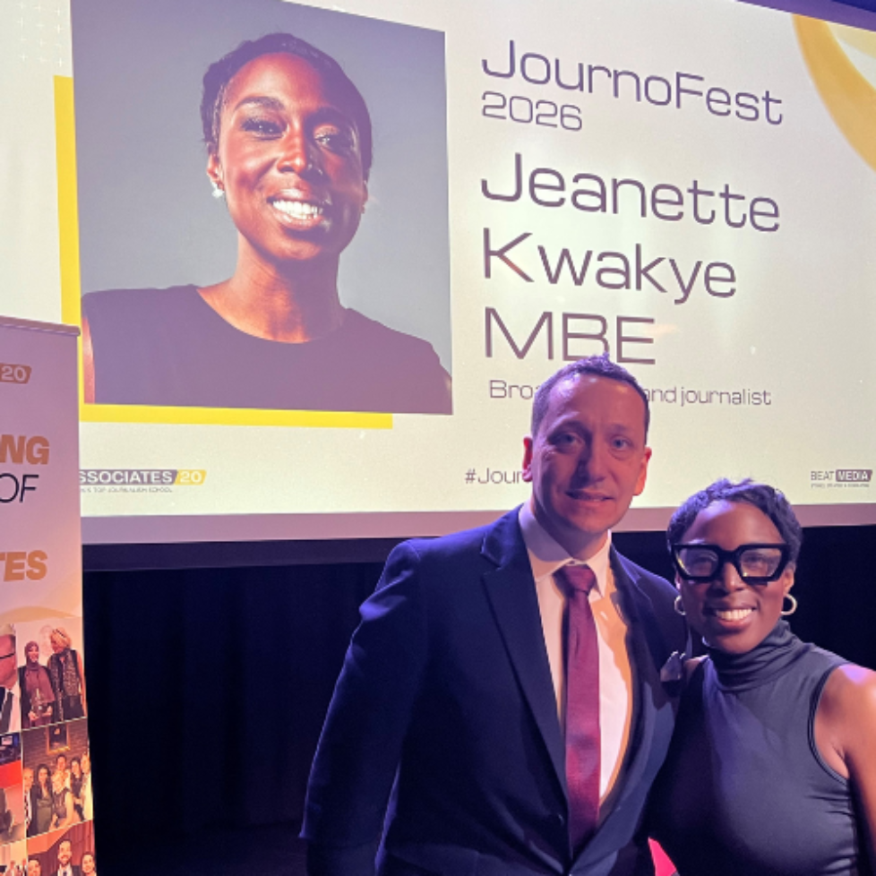 A photo of journalism tutor Phil Wilkinson with Jeanette Kwakye MBE at JournoFest 2026