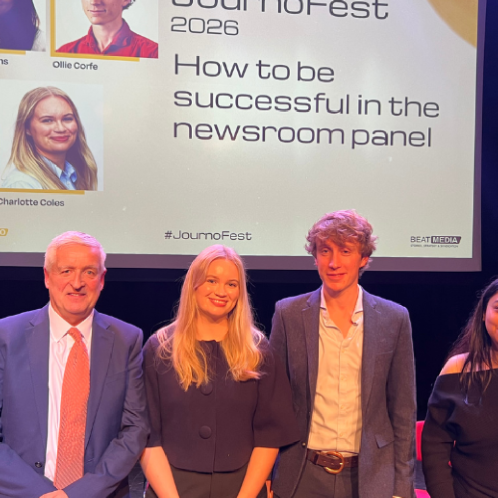 A photo on the stage of JournoFest 2026 with journalism training consultant Graham Dudman, BBC South journalist Charlotte Coles, The Telegraph data journalist Ollie Corfe and Daily Mail chief news correspondent