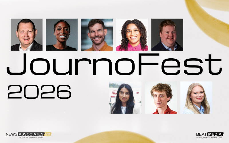 A graphic showing our nine JournoFest speakers. The graphic is white with gold detailing. The text reads: JournoFest 2026. There are two rows of headshots of our speakers either side of the text, including keynote speakers Jeanette Kwakye MBE and Matt Chorley.