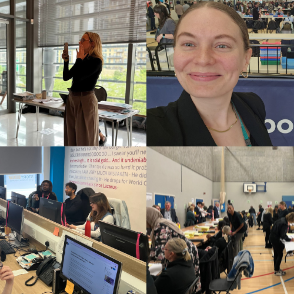 A collage of four photos from our coverage of the 2026 local elections: two trainees at counts and trainees with tutors in our newsroom.