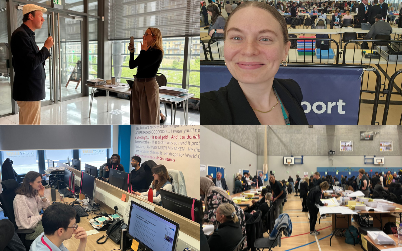 A collage of four photos from our coverage of the 2026 local elections: two trainees at counts and trainees with tutors in our newsroom.