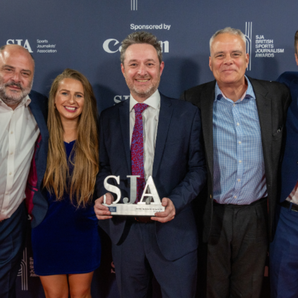 A photo of Sportsbeat directors with their award at the SJA British Sports Journalism Awards 2025.