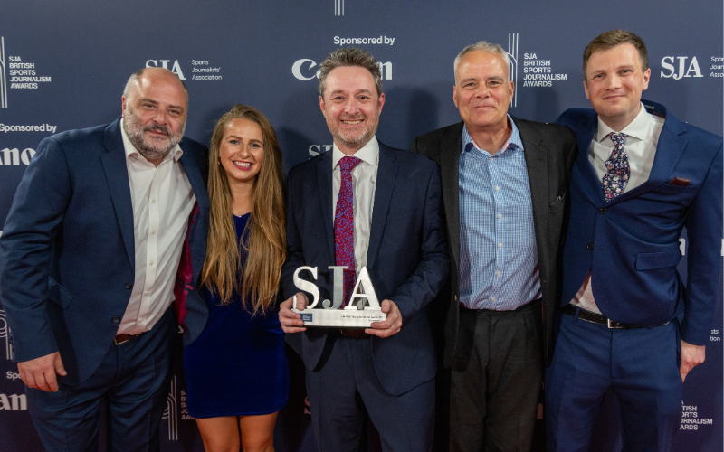 A photo of Sportsbeat directors with their award at the SJA British Sports Journalism Awards 2025.