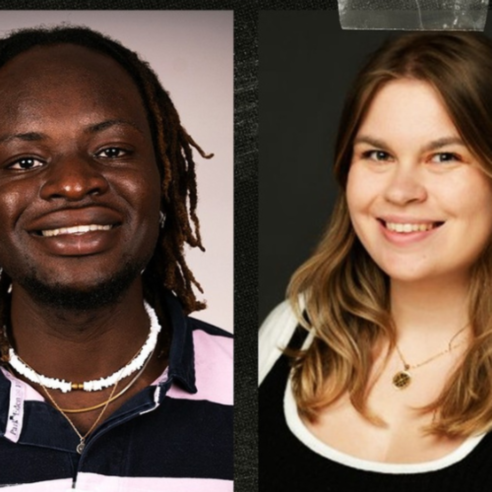 A black graohic with a headshot of podcast host Plmedi on the left and podcast guest Sophia on the right