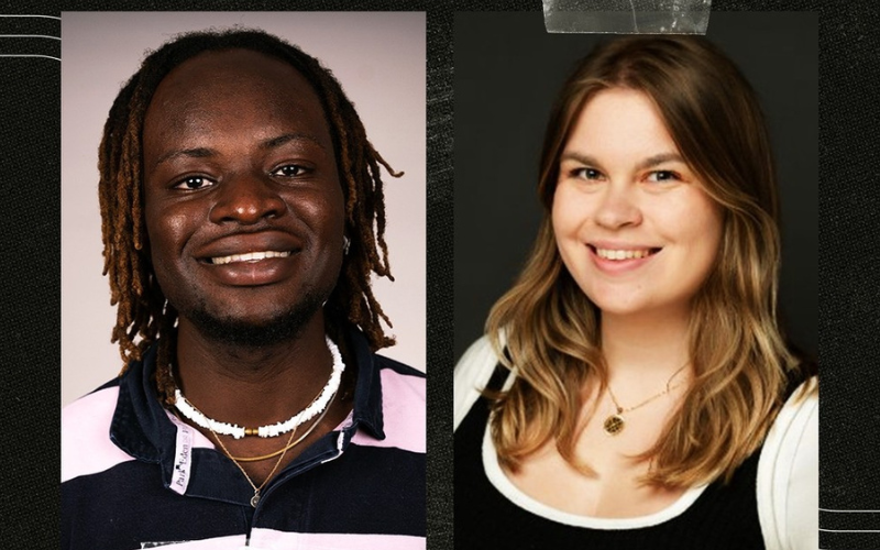A black graohic with a headshot of podcast host Plmedi on the left and podcast guest Sophia on the right