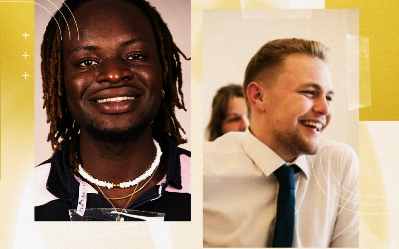 A graphic of a gold background with Kennedy News and Media news editor Adam Wareing and How to be a Journlaist podcast host Plamedi Mbungu
